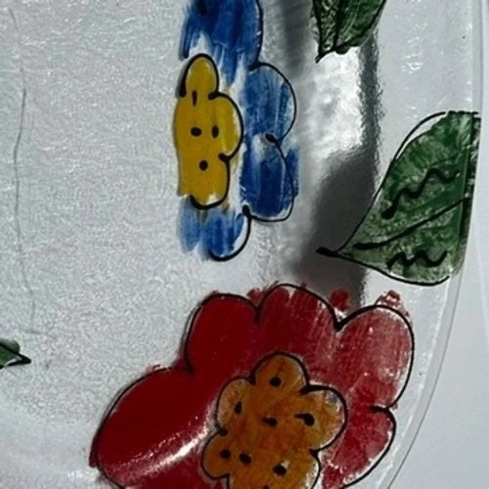 Retired Crate & Barrel Painted Floral Glass Platter Oval Serving Clear Glass 15
